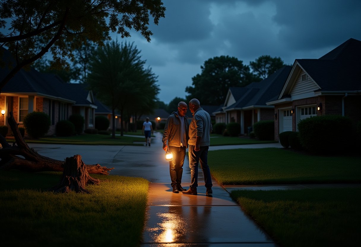 Neighbors checking on each other on a wet street after a storm, one holding a lantern